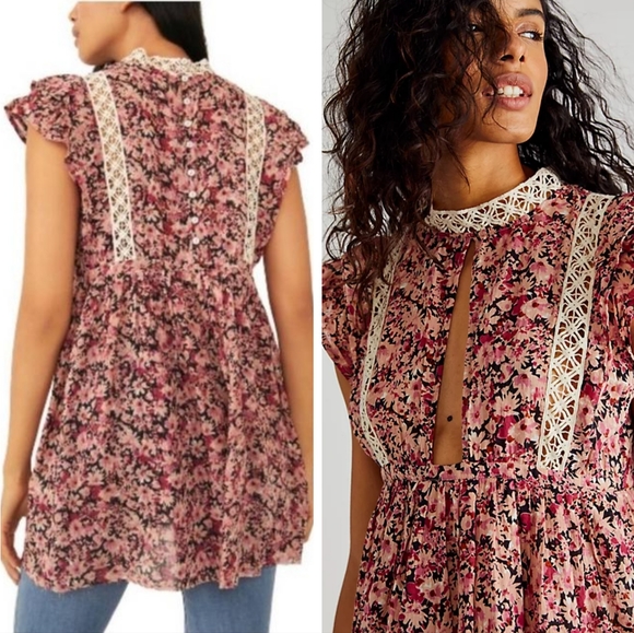Free People Tunic Eva Floral Crochet Babydoll Tunic Dress Cherry Pink Small NWT - Picture 3 of 11